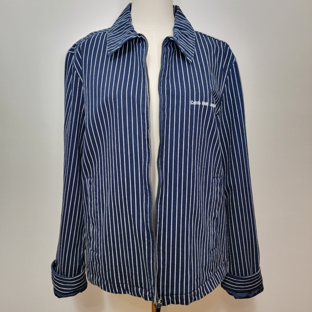 Trucker Jacket Calvin Klein Navy & White Striped Collared Medium Unisex Utility - Picture 4 of 16